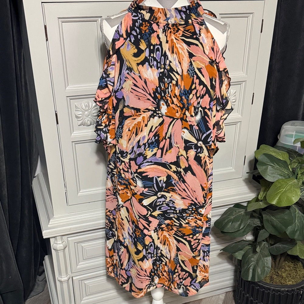 Floral Halter Neck Dress with Open Shoulder Sleeves - Multicolor Size 1X